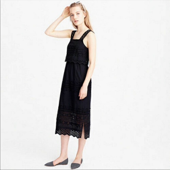 J Crew Women's Sleeveless Tiered Eyelet Square Neck Cotton Midi Dress Black 4 - Picture 1 of 8